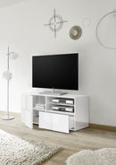 Mobile TV Moderno 1 Anta 1 Cassetto Design a Scacchi Modello Dama 121x42x57 cm Bianco Lucido