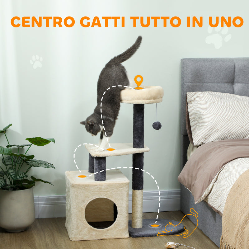 Albero Tiragraffi per Gatti Alto 92 cm con Casetta Lettino Pali in Sisal e Pallina Bianco Crema      
