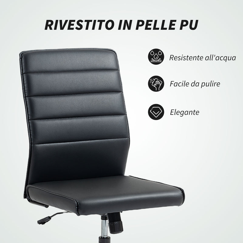 Sedia da Ufficio Ergonomica e Regolabile 58x53x97-107 cm con Schienale Ricurvo in Pelle PU e Acciaio Nero      