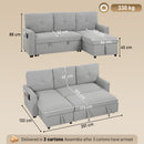 Divano Letto 3 Posti Estraibile 201x132x88 cm con Chaise Longue Contenitore e Cuscini in Tessuto Grigio      