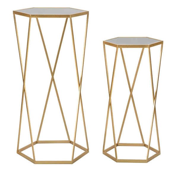 sconto Set 2 Tavolini Esagonal Ø50 cm e Ø40 cm in Ferro e MDF Oro