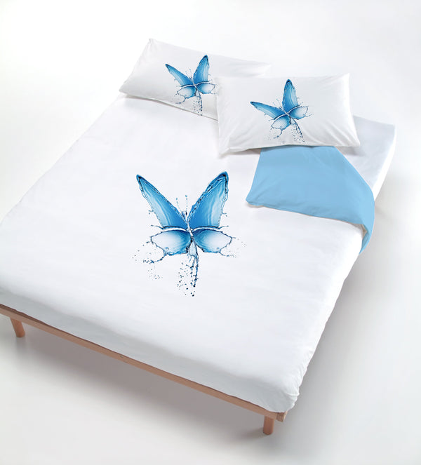 online Housse de couette avec imprimé sur le sac et taies d'oreiller papillon bleu
