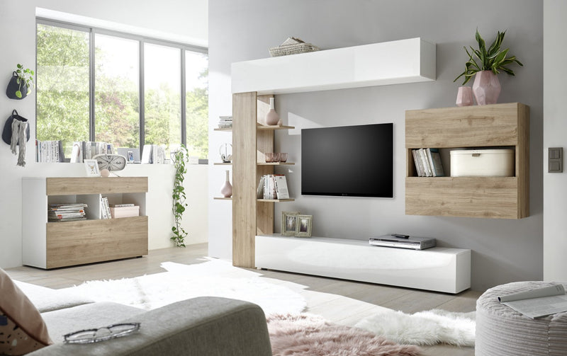 Credenza Mobile Soggiorno 1 Anta 2 Vani 111x42x82 cm TFT Akira Bianco e Naturale