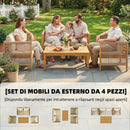 Set 4 Pezzi Salotto da Giardino con Divano 2 Poltrone con Cuscini e Tavolino in Legno di Acacia      
