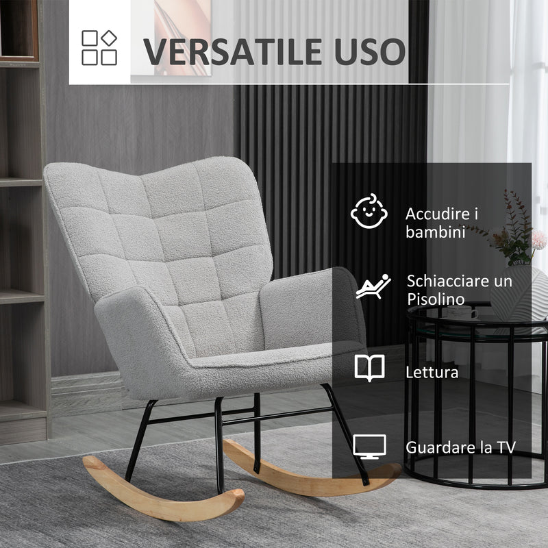 Poltrona a Dondolo Imbottita Rivestimento Bouclé 71x98x101 cm Grigio  