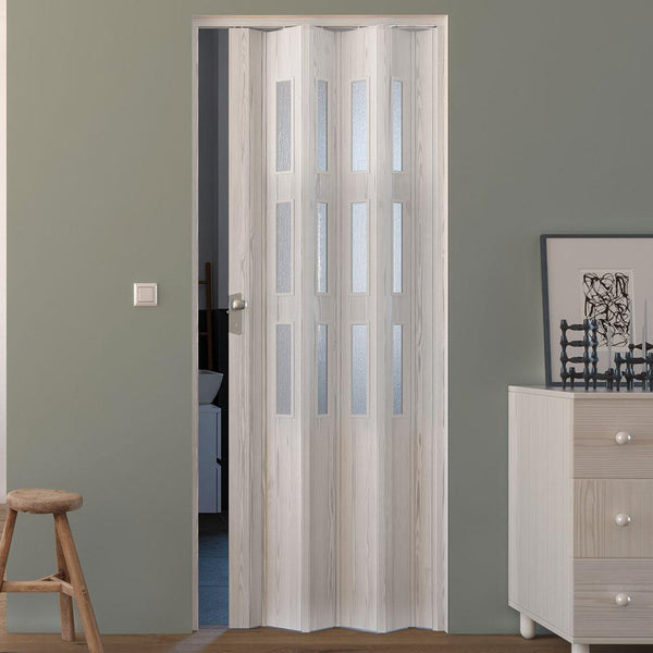 Porte Intérieure Pliante 88,5x214 cm en PVC avec Vitre Saba Jasmin Pin Blanchi prezzo