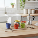 Set 6 Tazzine da caffè Accartocciati Multicolor con Lattiera Bianca in Gres Kaleidos