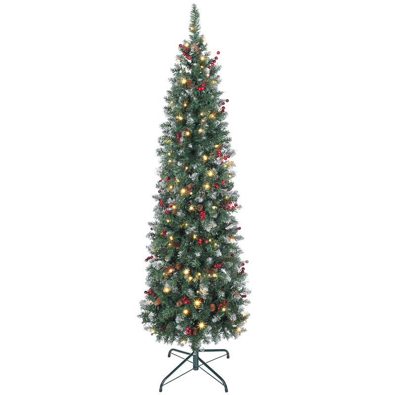 Albero di Natale Innevato 180 cm con 200 Luci LED con 42 Pigne e 42 Grappoli di Bacche Verde e Argento      