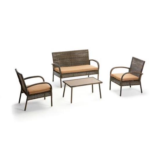 sconto Ensemble Salon de Jardin en PVC Rotin Canapé 2 Places Table et 2 Fauteuils Taddei Mira Marron