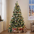 Albero di Natale Innevato Ø130x210 cm con 400 Luci LED a 2 Colori Telecomando 11 Modalità 1253 Rami Pigne e Bacche Rosse in PVC      