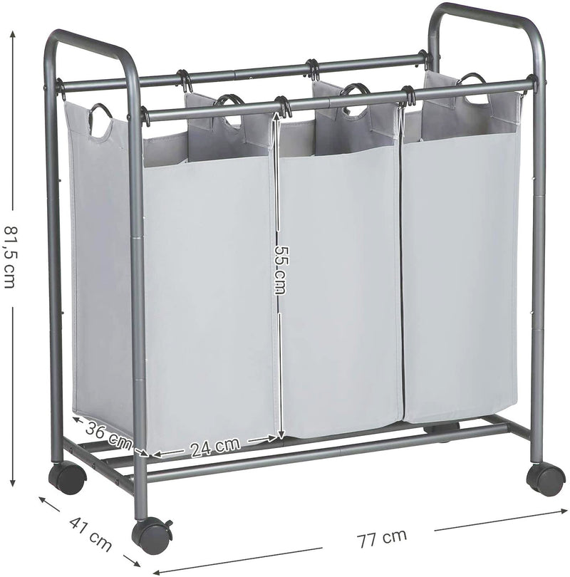 Carrello Portabiancheria 77x41x81,5 cm 3 Sacchi in Acciaio Grigio