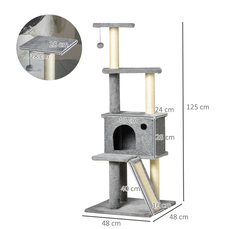 Albero Tiragraffi Multilivello con Casetta 48x48x125 cm Rivestimento in Peluche e Sisal Grigio   