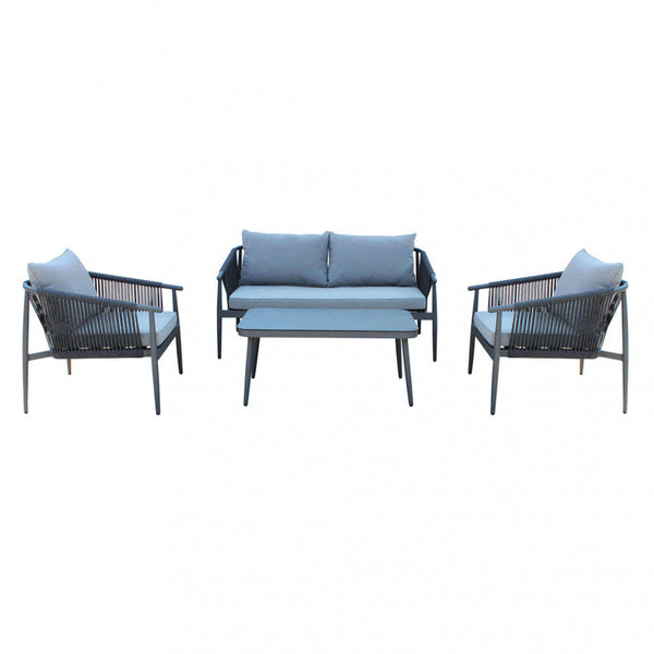 prezzo Salon de jardin canapé 2 fauteuils et table basse avec coussins en aluminium gris foncé