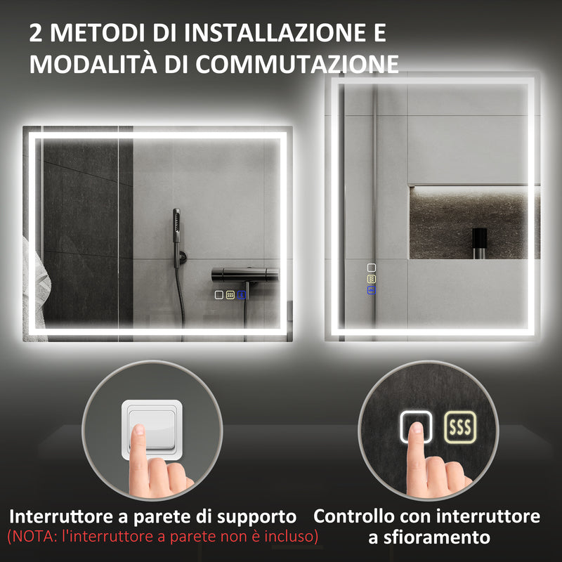 Specchio Bagno da Parete LED Antiappannamento 80x100 cm Speaker Bluetooth e Pulsanti Touch in Vetro Temperato  
