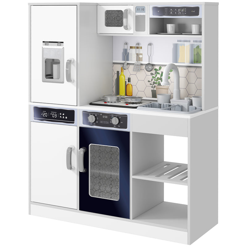 Set Cucina Giocattolo in Legno con Fornello con Luci e Suoni, Lavello con Circolo d'Acqua e Accessori, Bianco      