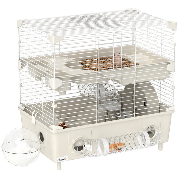 sconto Gabbia per Criceti a 2 Livelli 44,5x28x44 cm 3 Porte Ruota e Tubi in Acciaio e PP Crema e Bianco