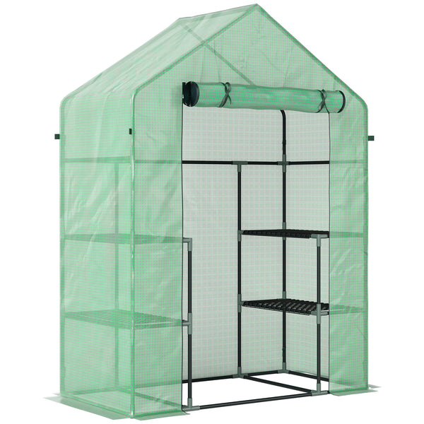 sconto Serra da Giardino 142x73x195 cm con 2 Mensole a 3 Livelli e Ingresso a Zip in Acciaio e PE Verde
