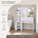Toeletta Trucco 105x35x151 cm Postazione Make Up con Specchio Rotondo e Mensole Bianco      