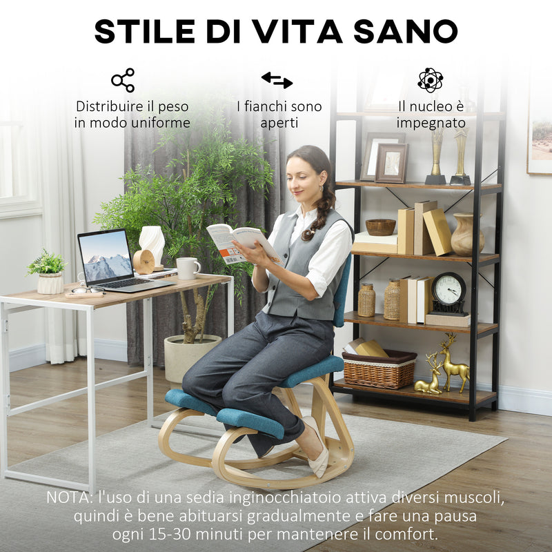 Sedia Ergonomica Inginocchiatoio con Schienale 51x84x93 cm in Legno di Betulla e Cuscini Blu  