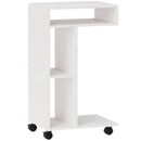 Tavolino da Soggiorno 40x30x69 cm con Rotelle e Mensola Aperta a Forma di C in Legno Bianco      