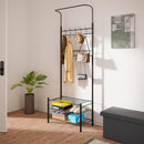 Stand Appendiabiti da Ingresso 9 Ganci con Scarpiera a 3 Ripiani in Metallo Nero 