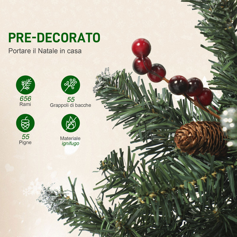 Albero di Natale 210 cm 656 Rami e 300 Luci LED Decorato con 55 Pigne e 55 Grappoli di Bacche Verde e Argento      