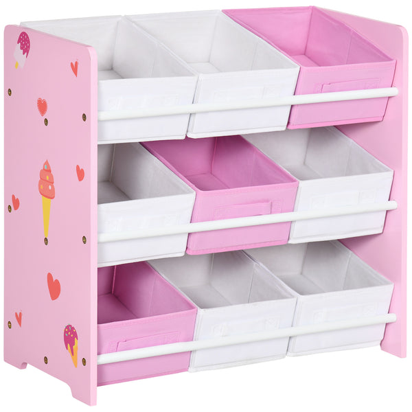 online Scaffale Portagiochi per Bambini 63x30x60 cm con 9 Cestini in Tessuto in MDF Rosa e Bianco