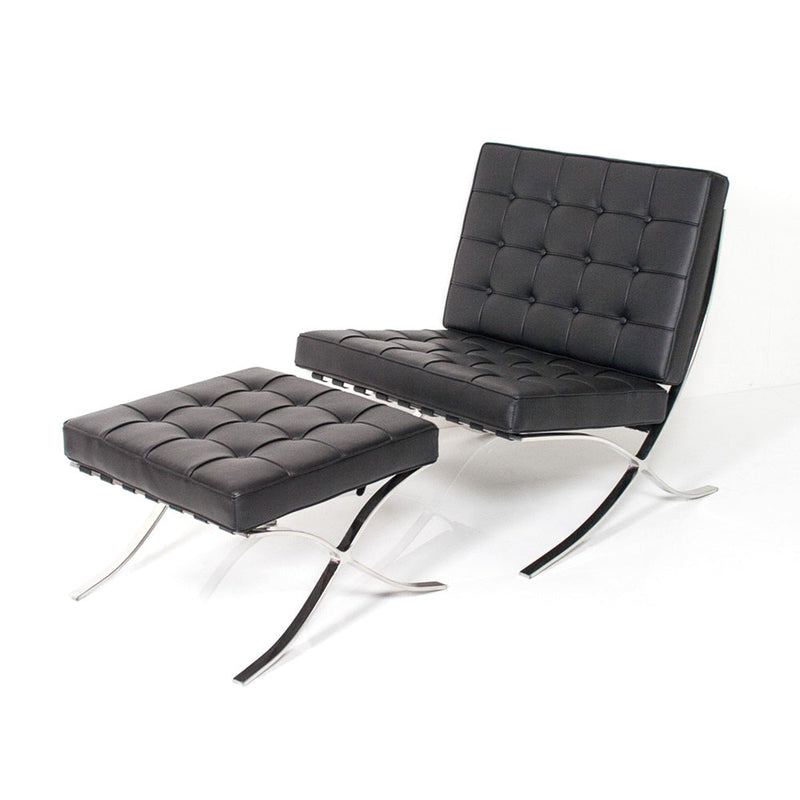 Set Poltrona e Pouf Barcelona in Acciaio Cromato Rivestimento in Similpelle Nero