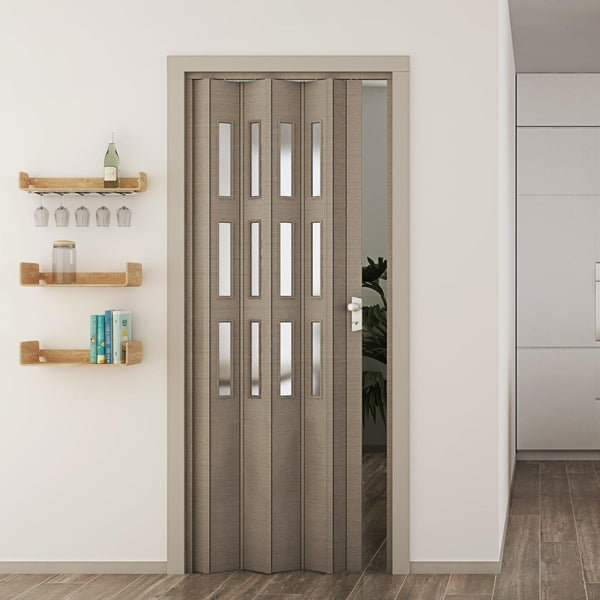 online Porte Intérieure Pliante 88,5x214 cm en PVC avec Vitre Saba Chêne Jasmin Gris Tourterelle