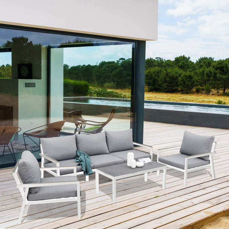 Set Salotto da Giardino Divano 2 Poltrone e Tavolino con Cuscini in Alluminio Bianco