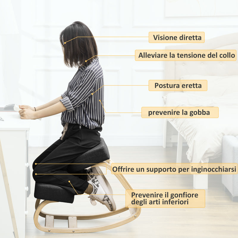 Sedia Ergonomica con Inginocchiatoio 51x69x58 cm in Betulla e Poliestere Nero  