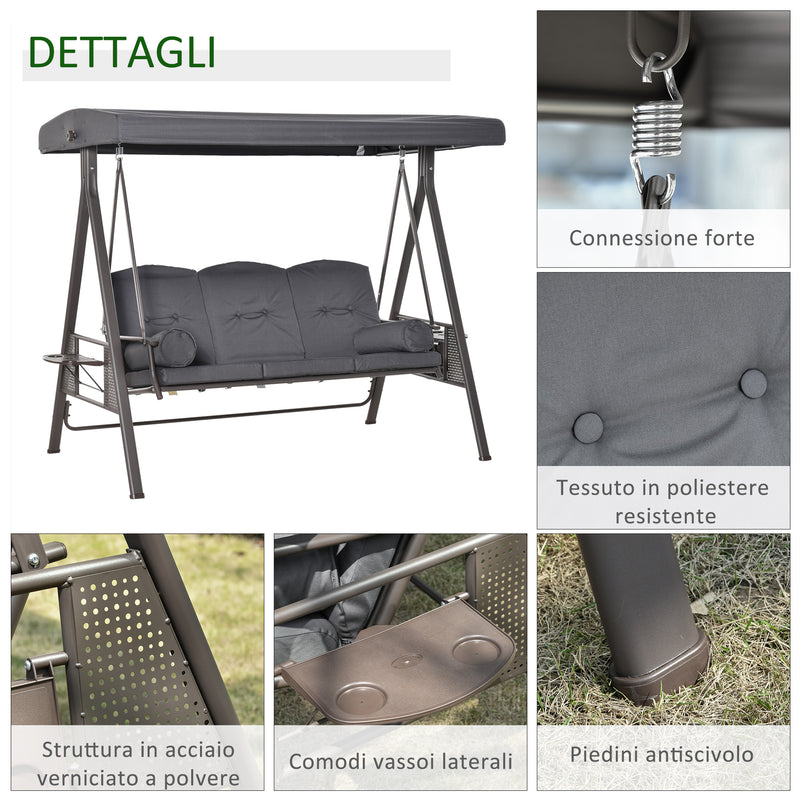 Dondolo da Giardino 3 Posti 208x120x172 cm Tetto Regolabile Portabicchieri e Cuscini Grigio 