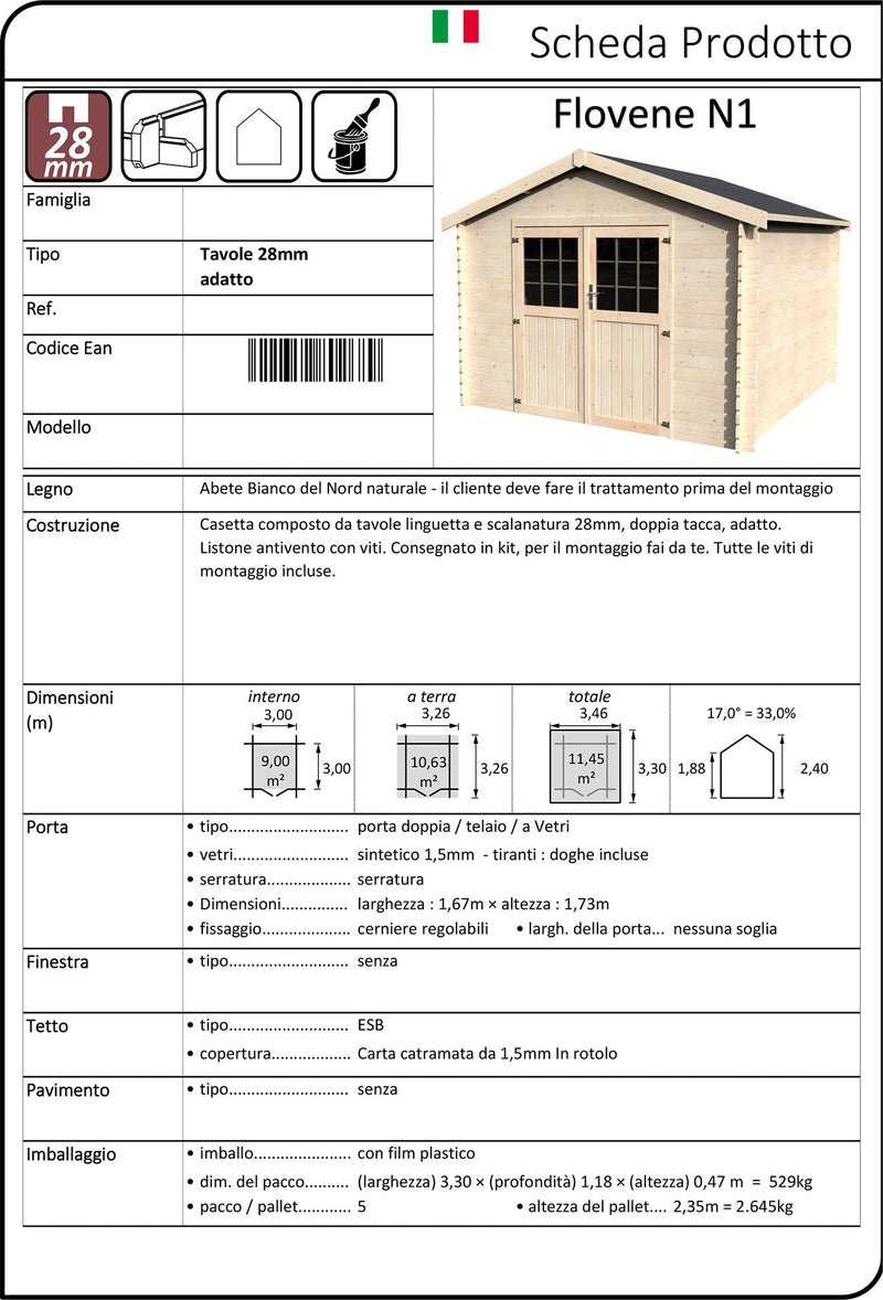 Casetta Box da Giardino per Attrezzi 3,45x3,42m Senza Pavimento in Legno Abete 28mm Flovene N1