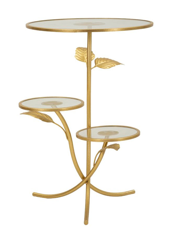 Tavolinetto 3 Ripiani Leaf Ø54x69,5 cm in Ferro e Vetro Oro prezzo