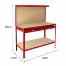 Banco da Lavoro Porta Attrezzi 120 cm in Acciaio con Parete e Cassetto Rosso
