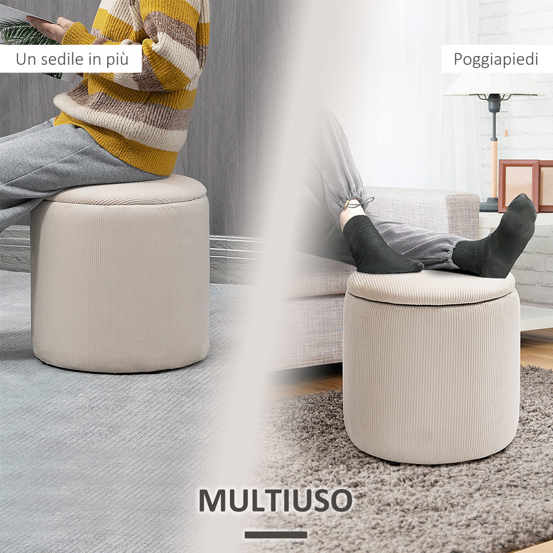 Set di 2 Pouf Contenitore Salvaspazio Rotondi e Imbottiti in Velluto a Coste Bianco      