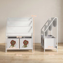 Libreria Montessoriana per Bambini 3-8 Anni 60x30x76 cm con 4 Ripiani e 2 Contenitori con Stampa di Leone in Truciolato Bianco      