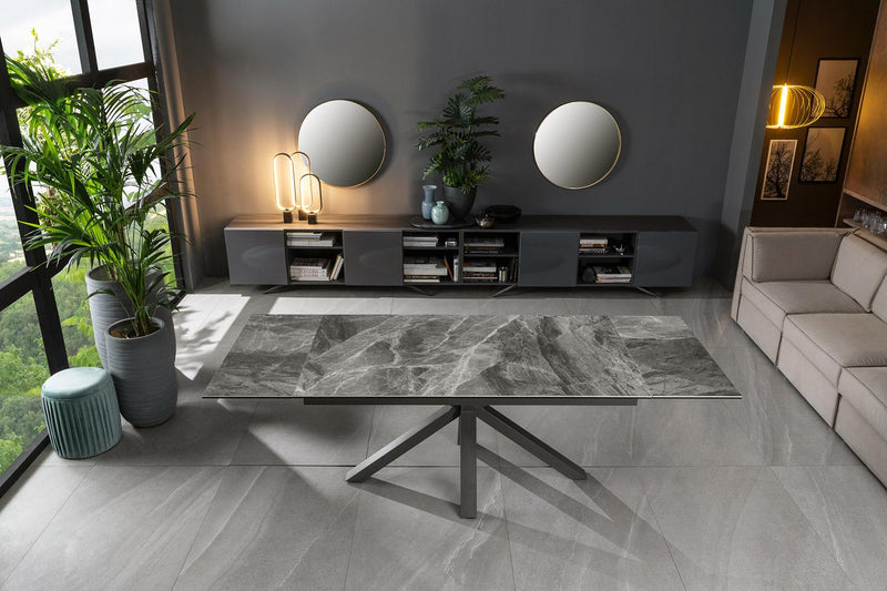 Tavolo Allungabile 160/240x90x76 cm in Metallo con Top Ceramica su Vetro Marmo Grigio