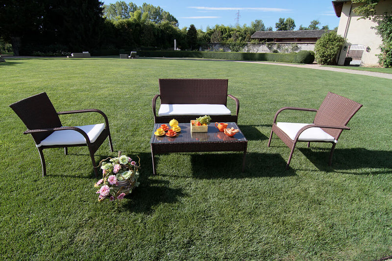 Set Salotto da Giardino Tavolino Divano 2 Sedie in Polyrattan con Cuscini Melbourne Bianco