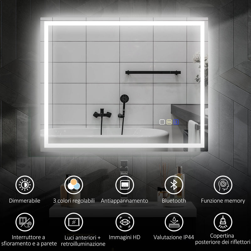 Specchio Bagno da Parete LED Antiappannamento 80x100 cm Speaker Bluetooth e Pulsanti Touch in Vetro Temperato  