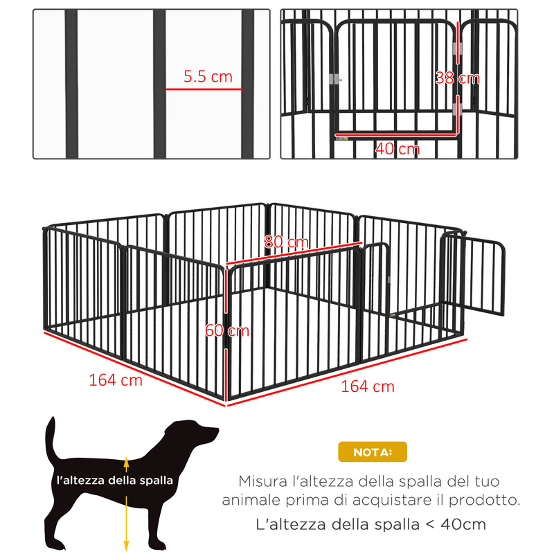 Recinto per Cani a 8 Pannelli Modulabili 164x164x60 cm da Interno ed Esterno in Acciaio Nero  