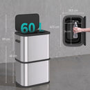 Pattumiera Rettangolare 60 L 42,5x28,5x66 cm con Coperchio Chiusura Ammortizzata e Fermasacco in Acciaio Inox Argento      