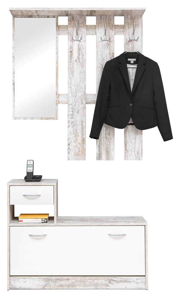 prezzo Porte-manteau de couloir avec miroir et étagère à chaussures en aggloméré de bois Alfred Shabby et blanc