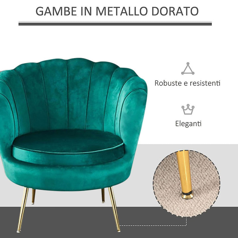 Poltrona a Conchiglia 78x73x78 cm in Velluto Vintage Piedi Oro Sofia Verde