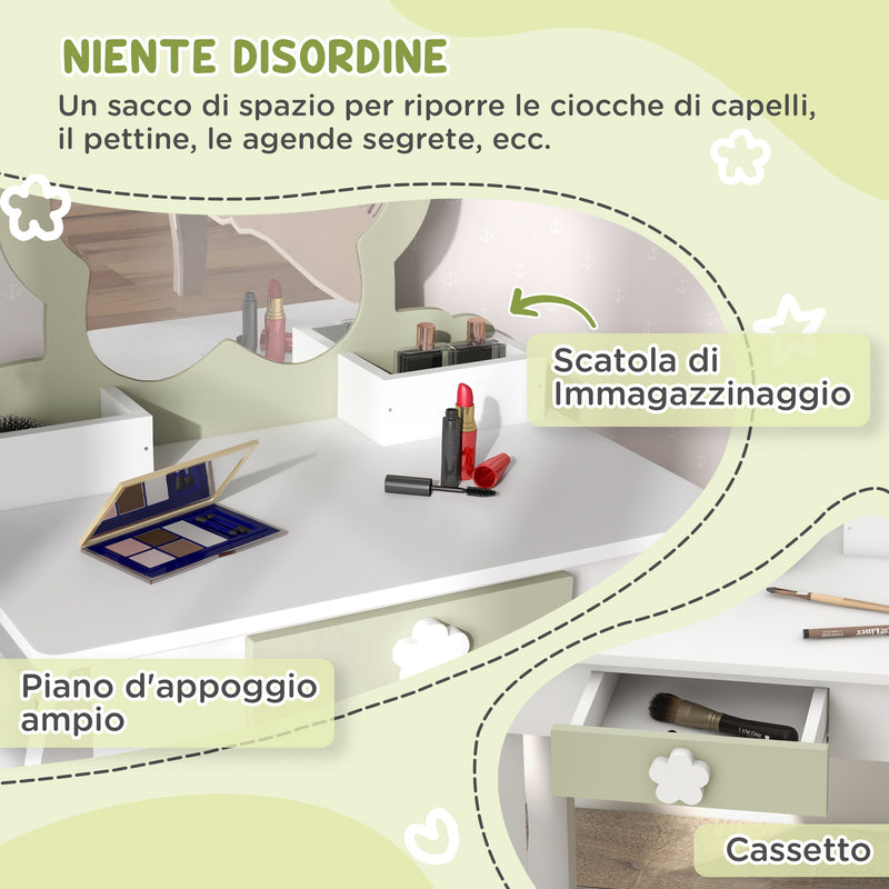 Set Toeletta per Bambina con Specchio Trucco in Acrilico e Sgabello Abbinato in MDF Bianco      