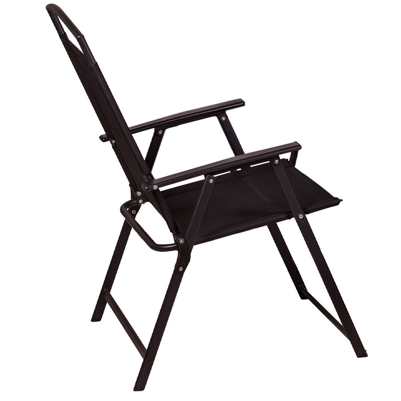 Set da Pranzo 6 Pezzi per Giardino Patio Tavolo Piano in Vetro con Ombrellone e 4 Sedie Pieghevoli Nero