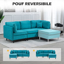 Divano Componibile a L con Braccioli e Poggiapiedi 222x154.5x71 cm in Tessuto Effetto Lino Blu e Nero