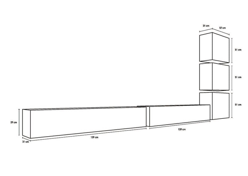 Parete Attrezzata Mobili Salotto 6 Mobili Sospesi 159x401x31cm TFT  Cube Bianco Lucido e Quercia Wengè