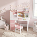 Set Scrivania 90x39x95 cm e Sedia per Bambini 5-12 Anni con Libreria Portapenne e Supporto Regolabile per Tablet in MDF Rosa      
