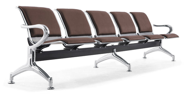 Banc de bureau pour salle d'attente 5 places avec coussin en acier et simili cuir argenté/marron foncé sconto